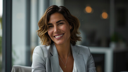 Obraz premium Businesswoman smiling directly at the camera with a blurred office or urban environment in the background.