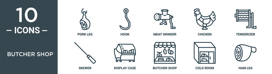 butcher shop outline icon set includes thin line pork leg, hook, meat grinder, chicken, tenderizer, skewer, display case icons for report, presentation, diagram, web design