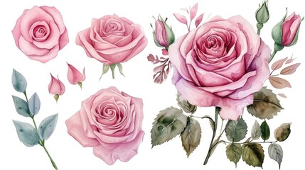 A bunch of pink roses on a white background. Perfect for floral arrangements and wedding decorations - obrazy, fototapety, plakaty
