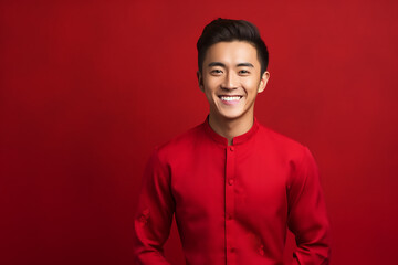 Fototapeta premium portrait of a man wearing red Chinese clothing to commemorate Chinese New Year with generative ai