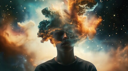 Double exposure photo of a man head and shoulders in space, the universe pouring out of his head, space background