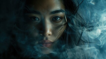 Close up portrait of an Asian woman with red lipstick and black hair surrounded by white smoke