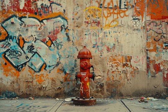 A red fire hydrant is positioned in front of a wall covered in graffiti. This image can be used to portray urban landscapes or street art themes