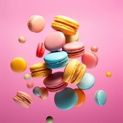 Obraz premium Assortiment de macarons colorés flottant sur un fond rose