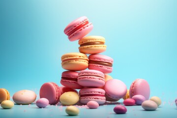 Fototapeta premium Assortiment de macarons colorés flottant sur un fond bleu