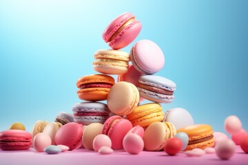 Obraz premium Assortiment de macarons colorés flottant sur un fond bleu
