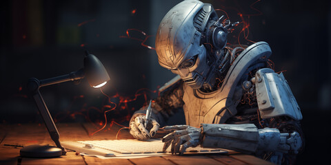 robot sitting in front of a desk and writing