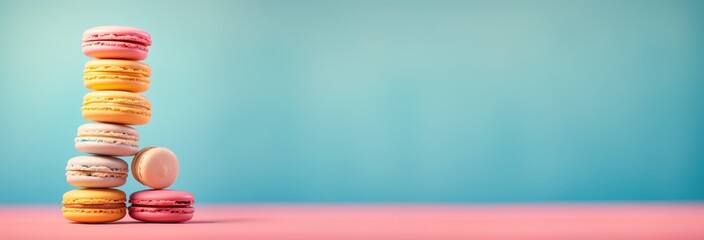 Assortiment de macarons colorés flottant sur un fond bleu, image avec espace pour texte