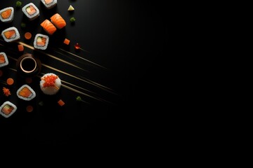 Cuisine du Japon, assortiment de sushis sur un fond noir, image avec espace pour texte - obrazy, fototapety, plakaty