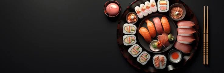 Fotobehang Cuisine du Japon, assiette de sushis sur un fond noir, image avec espace pour texte © David Giraud