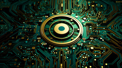 3D futuristic circuit board background on green abstract background, in the style of rangefinder lens, intricate steampunk, gold and azure, fish-eye lens, abstraction-création, aetherclockpu