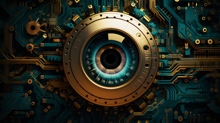 a technology background with circuit boards and gold rings, in the style of photorealistic eye, shaped canvas, aetherclockpunk, dark turquoise, mechanical sculptures, abstraction-création
