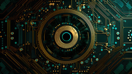 electronic circuit board abstract design, green and black vector illustration, technology background, in the style of fish-eye lens, dark gold and aquamarine, aetherclockpunk, shaped canvas