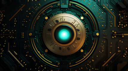 Fototapeta premium circuit board background with a gold circular center in black and green, in the style of steampunk, webcam, photorealistic eye, aetherclockpunk, dark cyan, shaped canvas, industrial machinery