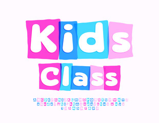 Vector playful flyer Kida Class with watercolor block Font. Funny Alphabet Letters and Numbers set