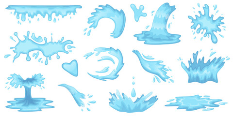 Cartoon water drops. Flying and flowing particles of blue liquid. Sea splashes. Fluid crowns and fountains. Clean fresh aqua shapes. Puddle and splatters. Curve stream. Recent vector set - obrazy, fototapety, plakaty