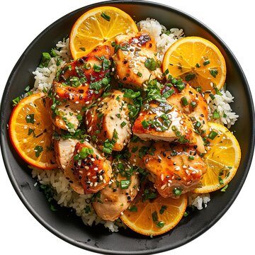 Top View Professional photo of Citrus Chicken and Rice dish on a black round dinner plate with proper lightning and no background. generative ai
