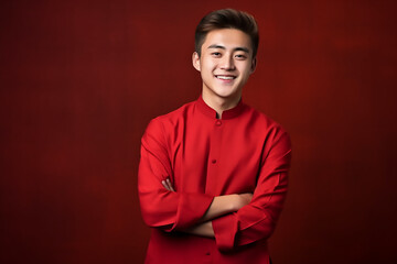 Fototapeta premium portrait of a man wearing red Chinese clothing to commemorate Chinese New Year with generative ai