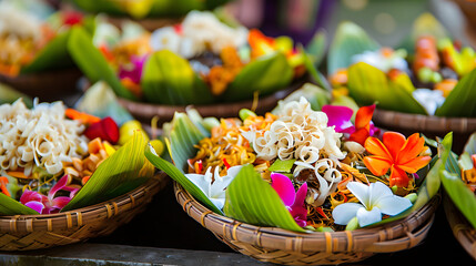 Traditional balinese offerings to gods in Bali with flowers and
