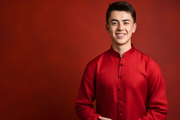 Obraz premium portrait of a man wearing red Chinese clothing to commemorate Chinese New Year with generative ai