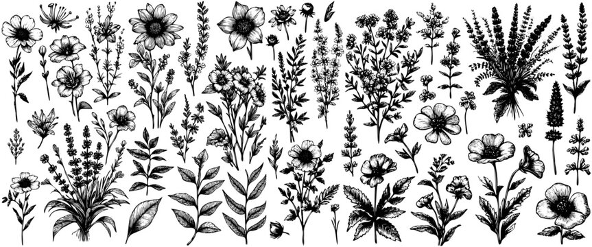 Wildflower line art bouquets set. Hand drawn flowers, meadow herbs, wild plants, botanical elements for design projects. Vector illustration.
