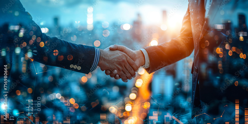 Poster successful business merger handshake with upward graphs symbolizing growth and teamwork in a corpora