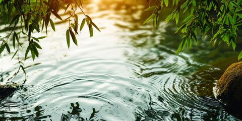 Tranquil spa banner with serene bamboo leaves over rippling water bathed in soft sunlight, embodying calm and purity