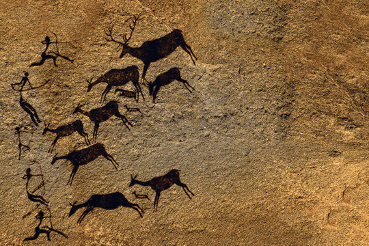 Cave art seamless pattern made of ancient wild animals, horses and hunters. Rock paintings. Hunting scenes. palaeolithic Petroglyphs carved in rocks. Stones with petroglyphs. people get food