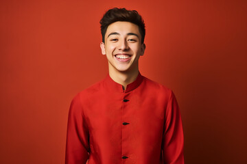 Obraz premium portrait of a man wearing red Chinese clothing to commemorate Chinese New Year with generative ai