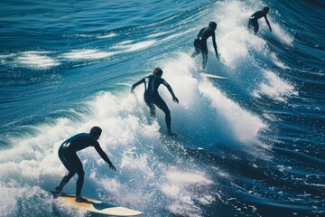 Cohesive Crew Of Youthful Surfers Riding Waves As One In The Ocean