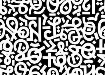 A black and white abstract hand-drawn drawing in the style of hieroglyphs.Seamless pattern.