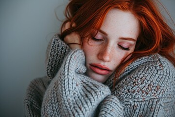 Redhead Woman Embraces Herself, Savoring The Softness Of New Sweater