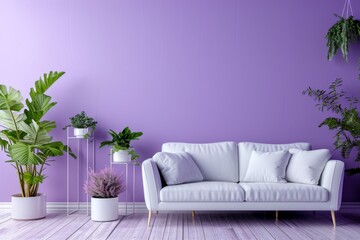 Tranquil Space With Lavender Wall, Stylish Sofa, And Greenery - Room With Ample Copy Space