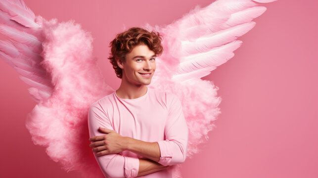Valentines day angel. Man in a cupid costume on a pink background