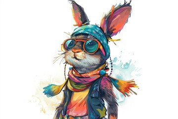 Illustration of bunny wearing colorful outfit in hippie  style on white background
