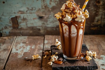 Artisanal Milkshake With Caramel, Popcorn, And Chocolate, Showcasing A Rustic Vibe