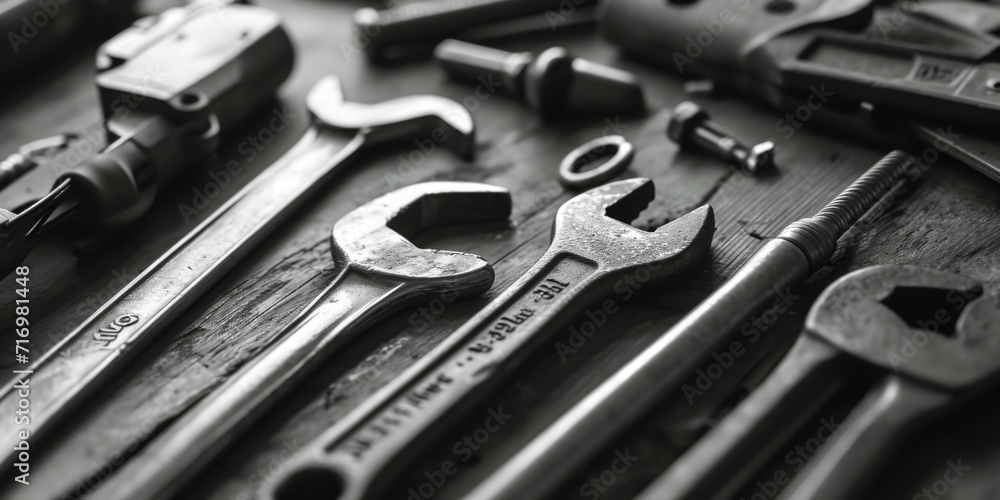 Poster various tools neatly arranged on a wooden table. perfect for diy projects and construction themes