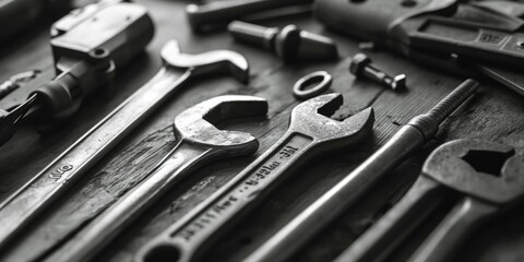 Fototapeta premium Various tools neatly arranged on a wooden table. Perfect for DIY projects and construction themes