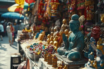 A statue of Buddha sitting on a table at a bustling market. Suitable for various uses