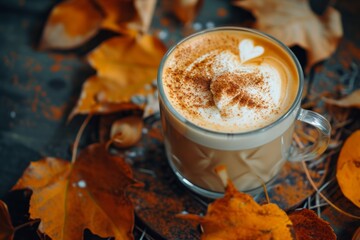 Autumnthemed Latte With Pumpkin Cream And Cold Brew, Accented By Falling Leaves