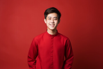 Fototapeta premium portrait of a man wearing red Chinese clothing to commemorate Chinese New Year with generative ai