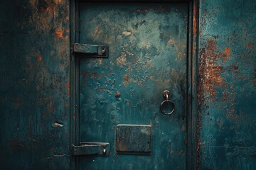 A picture of a blue door with a metal latch. Suitable for various applications