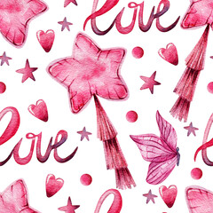 Seamless watercolor pattern. Hand drawn pink balloon, confetti, love lettering, butterflies. Valentine's Day, Mother's Day. Package design.