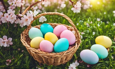 Fototapeta na wymiar Easter elegance: Still life with vibrant eggs and flowers