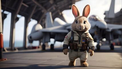 easter bunny in the garden An adorable and cuddly rabbit pilot strolls around a military aircraft carrier in this 8k, cinematic Unreal Engine render. - obrazy, fototapety, plakaty