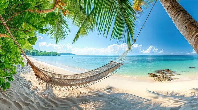 Tropical beach background, summer relax landscape white sand and calm sea. exotic fantasy landscapes. Luxury Vacation and summer holiday concept. wide panorama, generative ai