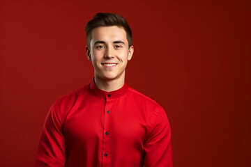 Obraz premium portrait of a man wearing red Chinese clothing to commemorate Chinese New Year with generative ai