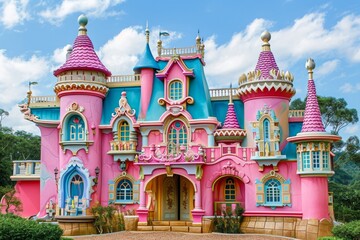 Fototapeta na wymiar Colorful Castle Fit For Princess, Complete With Turrets And Enchanting Details