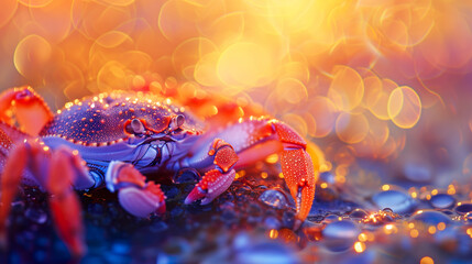 Macro shot of a crab, in bright colors with water drops, extreme close-up