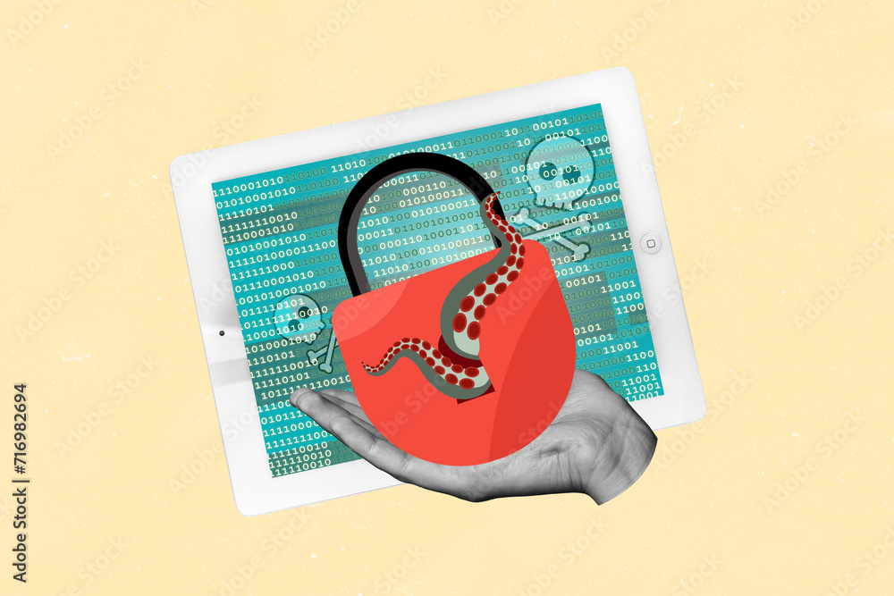 Poster collage image of black white effect arm hold lock tablet screen hacker data danger isolated on beige